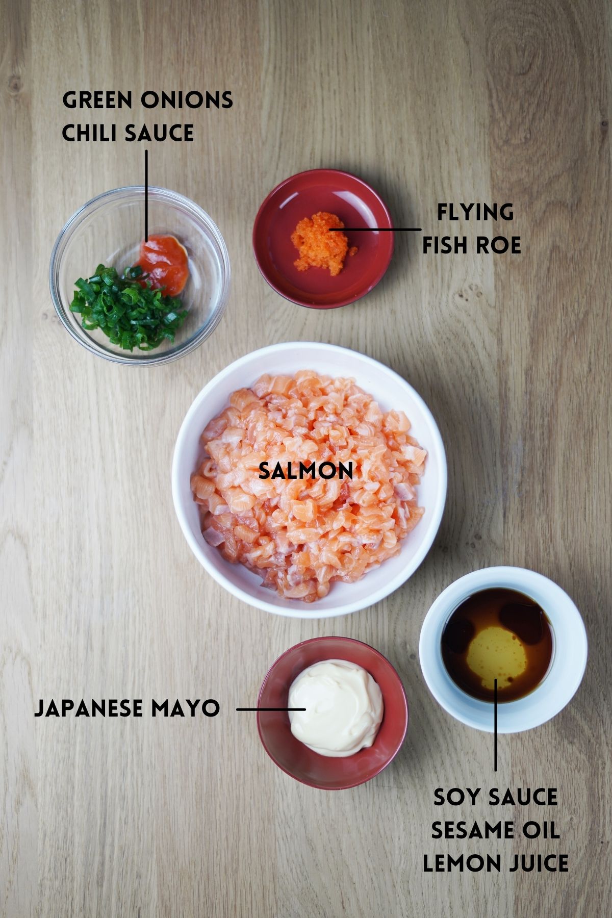 Ingredients for spicy salmon sushi pizza