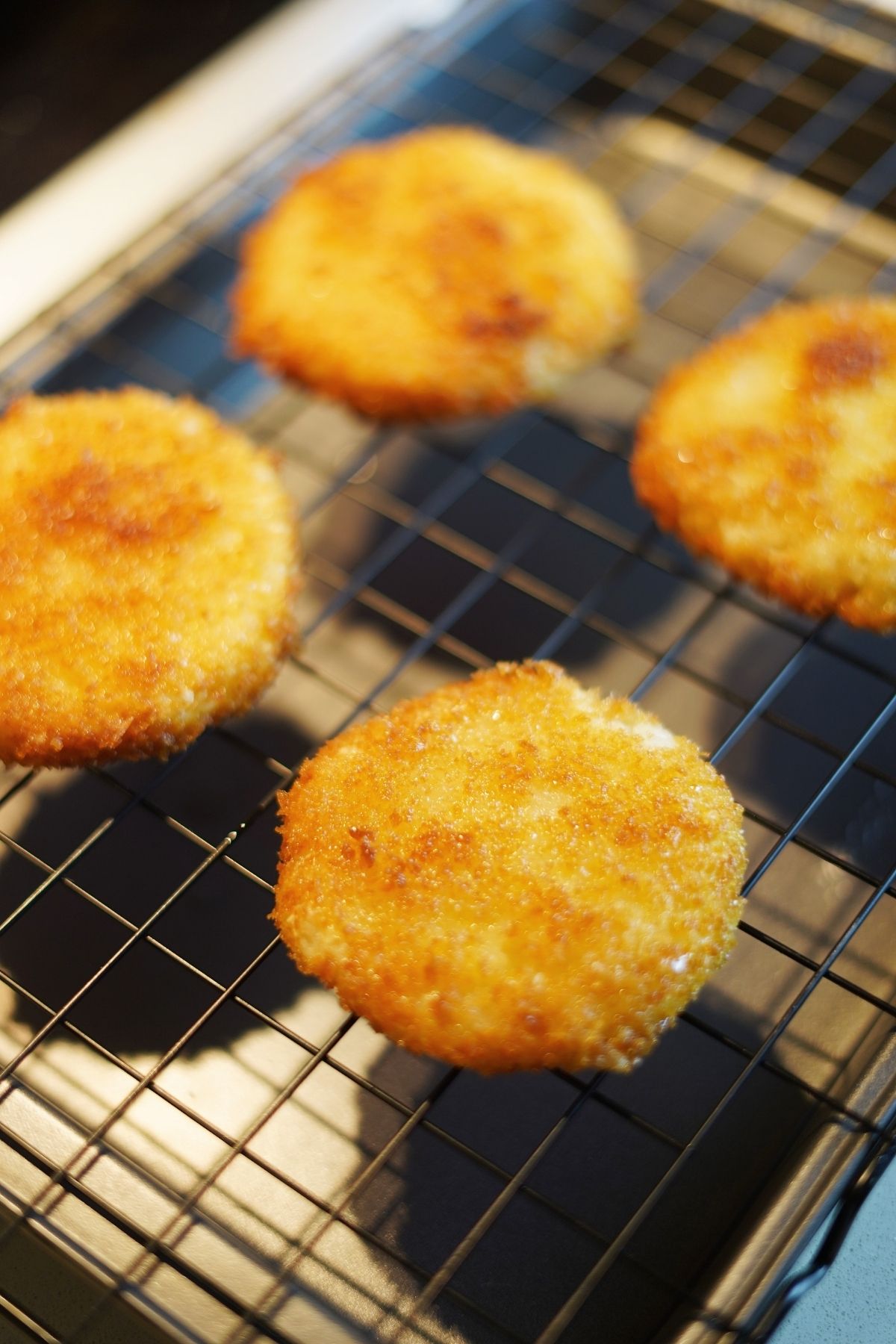 Fried rice patty disks on drying rack