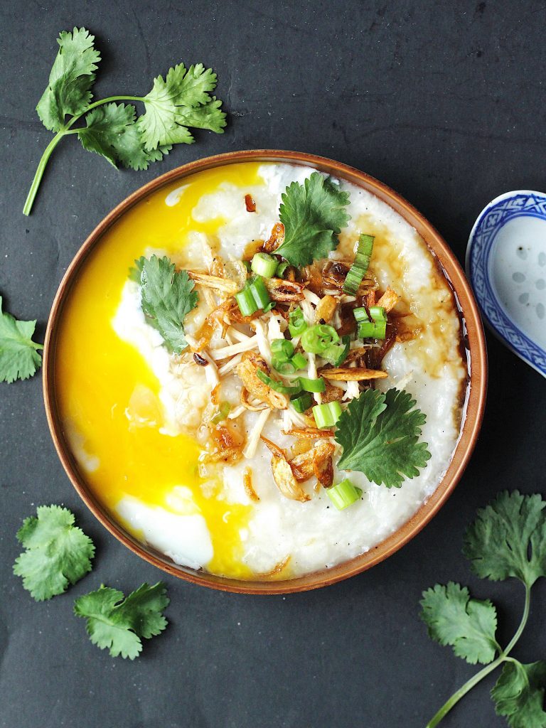 Overview a chicken congee bowl.