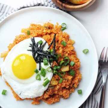 Plate of Kimchi fried rice, also known as bokkeumbap.