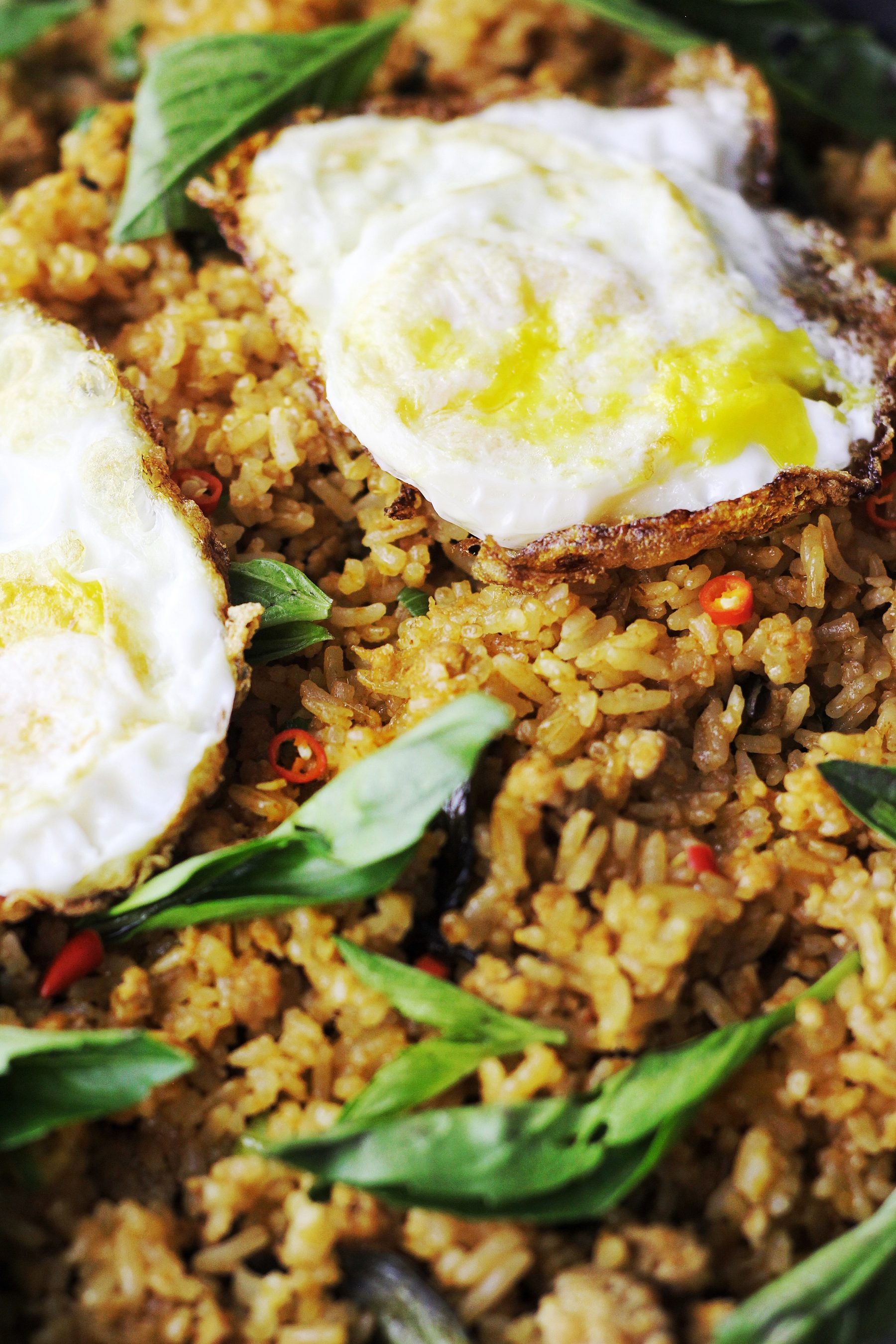 Another close up of Tom Yum pork Fried rice with fresh thai basil.