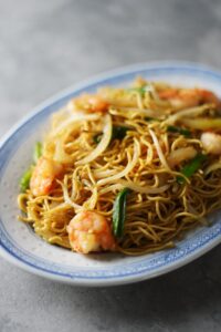 A side view of shrimp chow mein.
