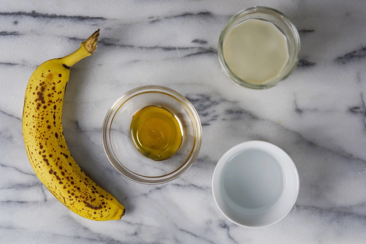 A bird's eye view of ingredients needed to make your vegan and dairy free Korean banana milk.