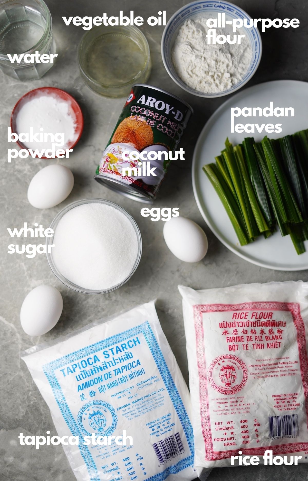 Bird's eye view of the ingredients for the crispy and chewy pandan waffle.