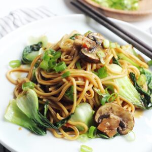 Side view of Asian garlic sesame noodles.