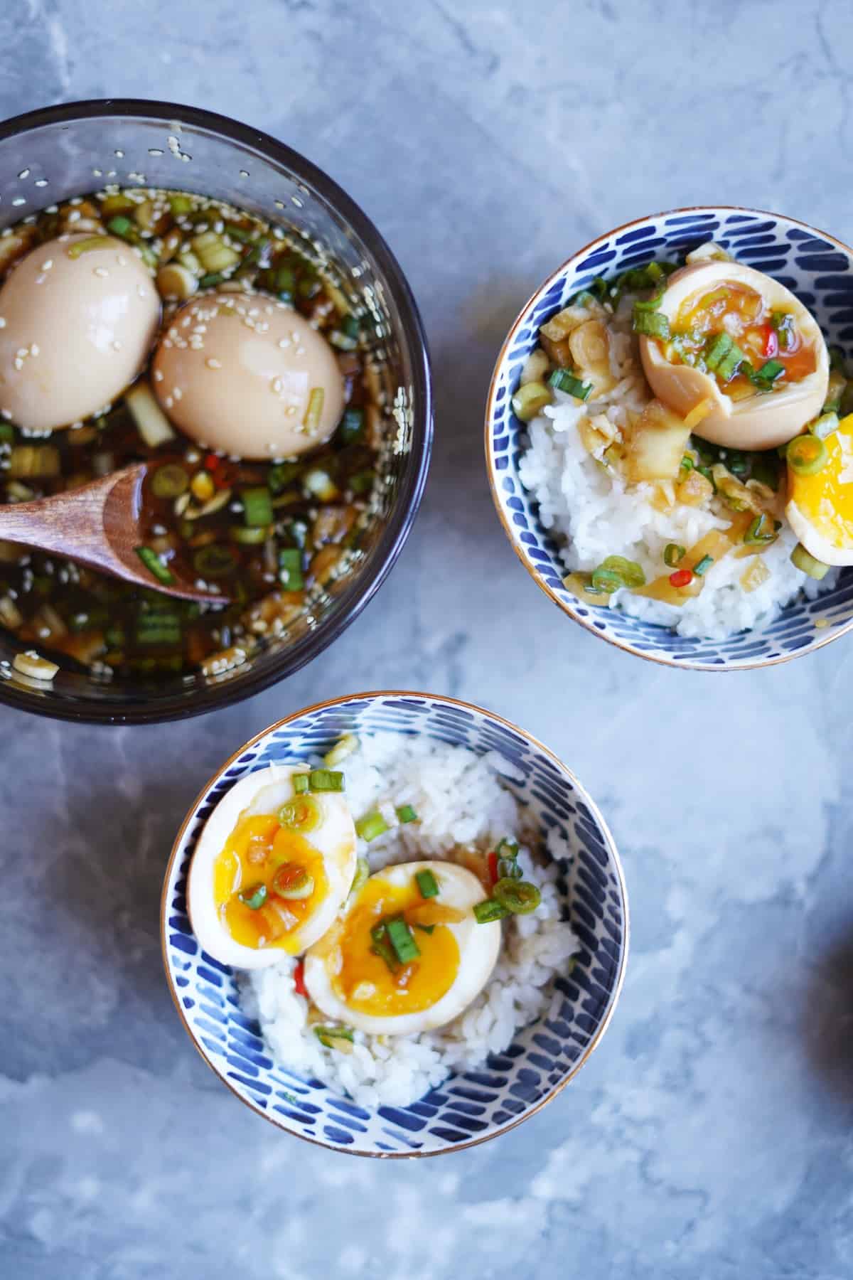Overview of Korean marinated eggs.