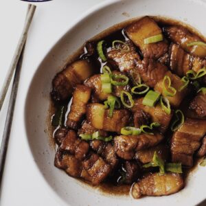 Overview of a plate of easy Chinese style braised pork belly.