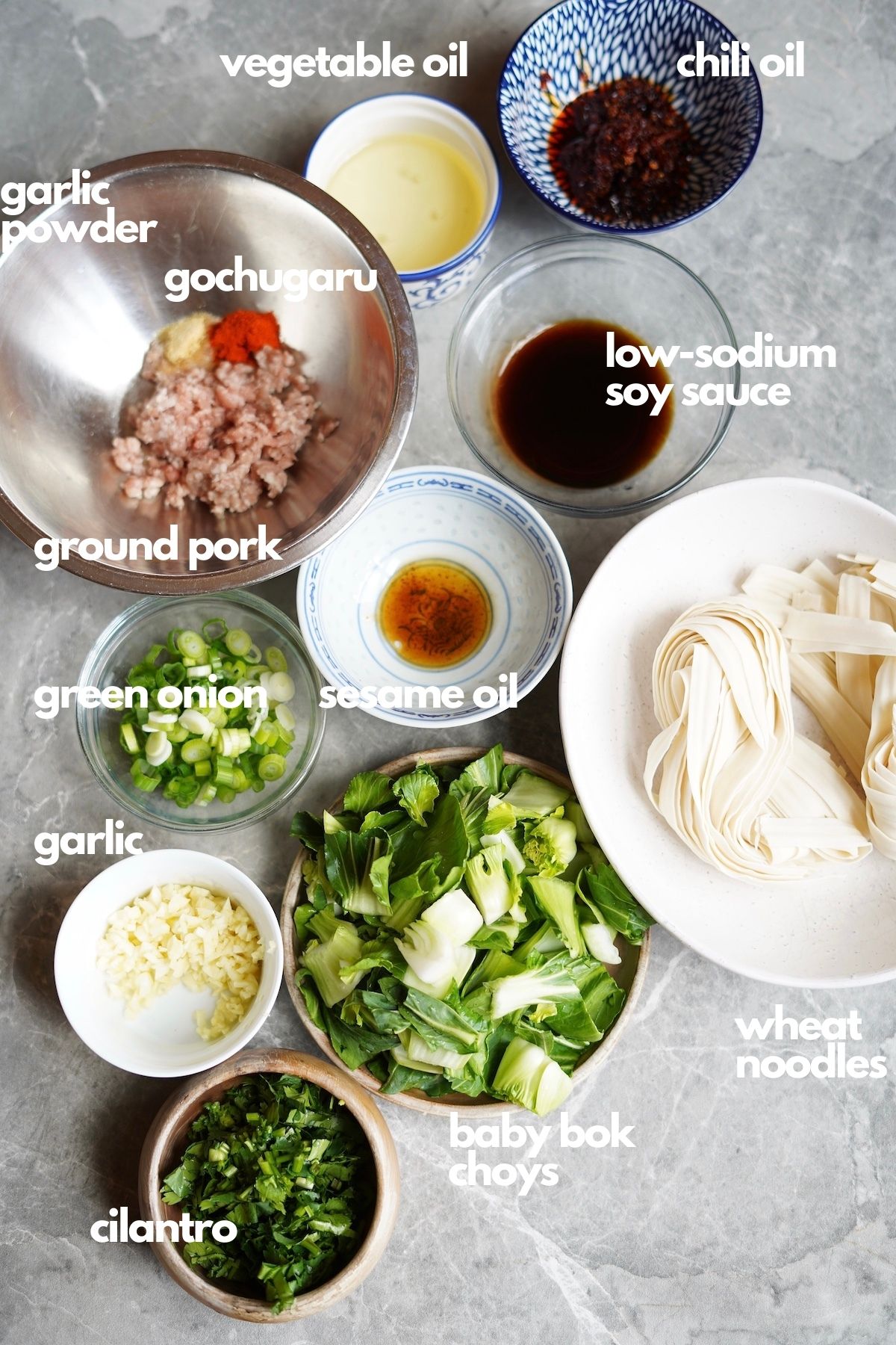 Overview of ingredients for garlic chili oil noodles