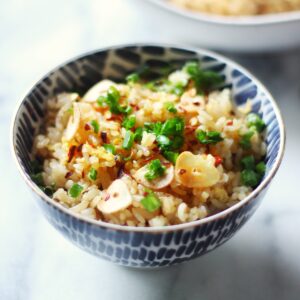A small blue bowl with spicy Japanese garlic fried rice, topped with green onions.